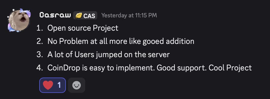 Discord message from Casraw saying CoinDrop is easy to implement with good support