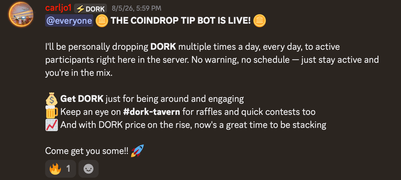 Dorkcoin Discord announcement: the CoinDrop tip bot is live, with DORK dropped multiple times a day to active members