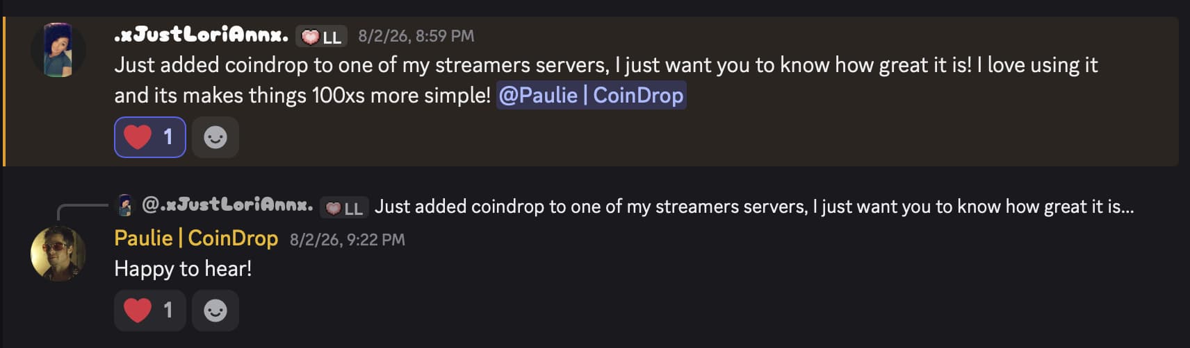 Discord message from JustLoriAnnx after adding CoinDrop to a streamer's server
