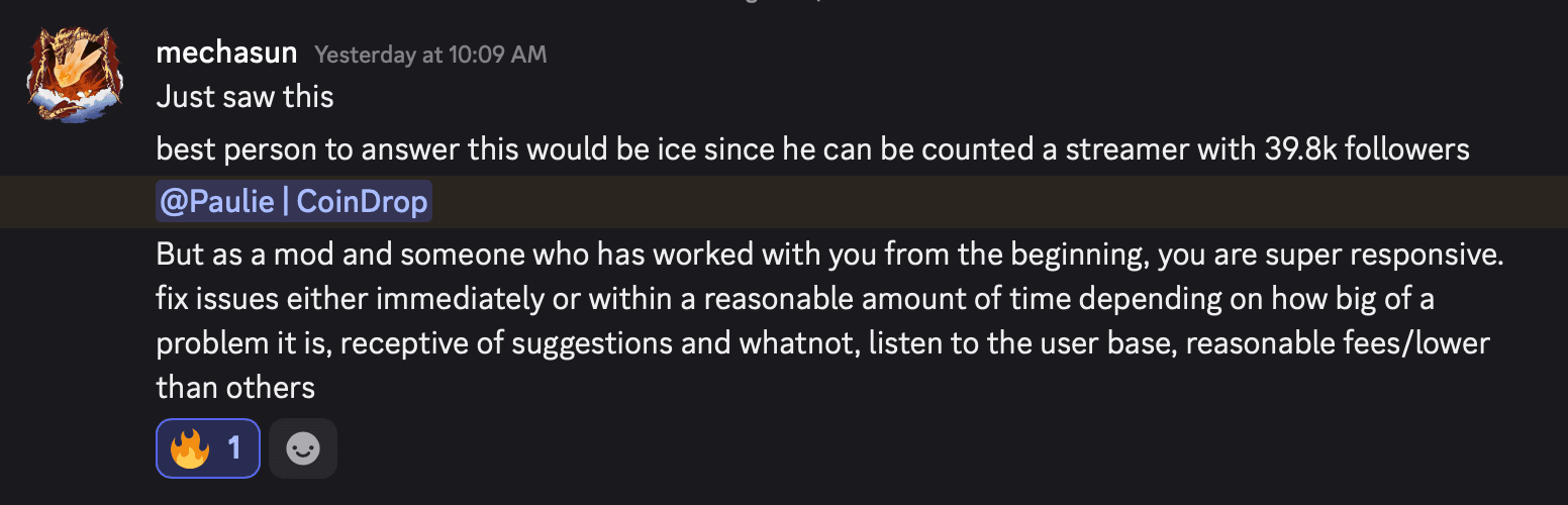 Discord message from Mechasun praising CoinDrop's responsiveness and reasonable fees