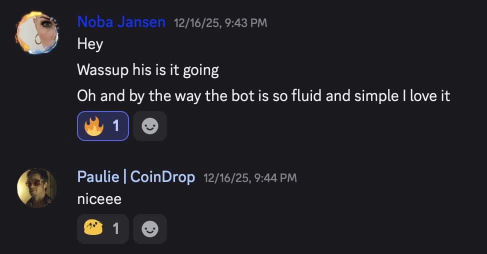 Discord message from Noba Jansen saying the CoinDrop bot is so fluid and simple