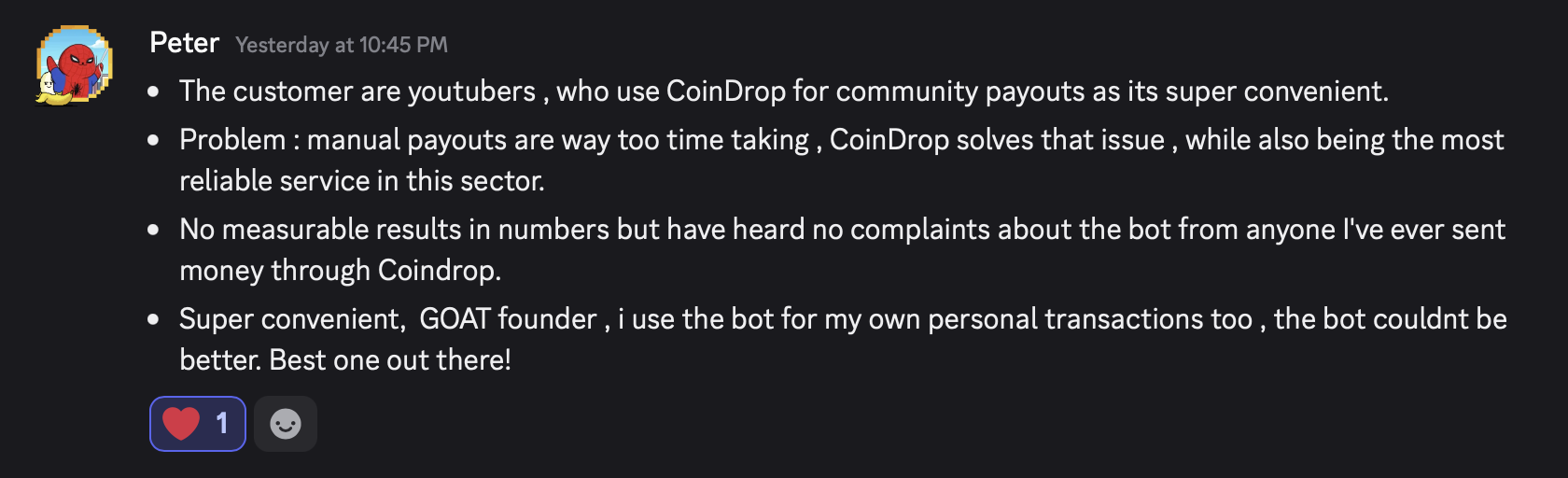 Discord message from Peter describing YouTubers using CoinDrop for community payouts
